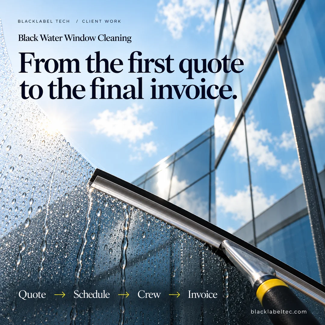 Conceptual glass facade and window squeegee with the headline From the first quote to the final invoice. The footer connects Quote, Schedule, Crew and Invoice.