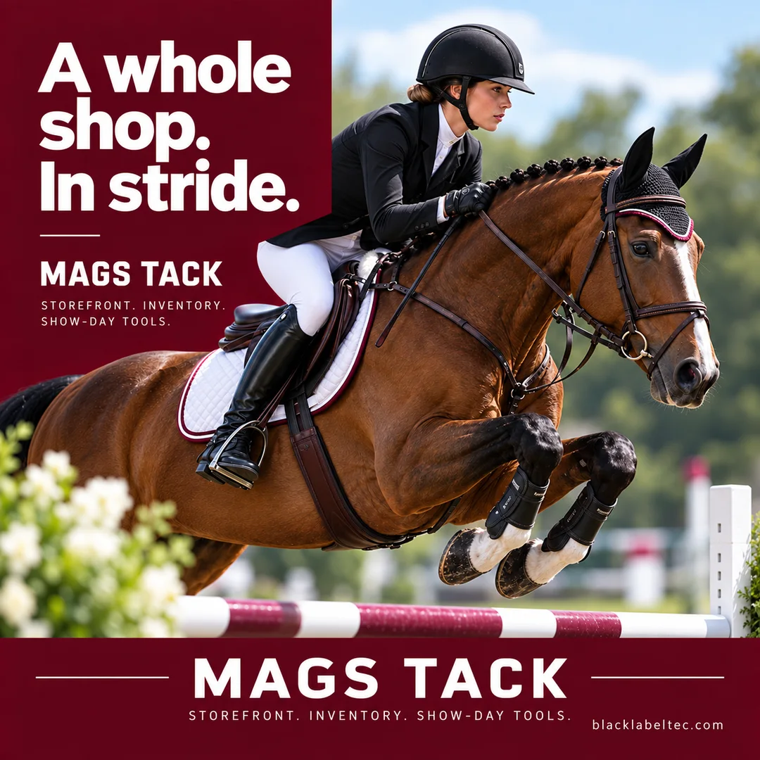 Conceptual English equestrian campaign image: a horse and rider clearing a jump alongside bold burgundy blocks and white type. Headline: A whole shop. In stride. Commerce software by BlackLabel Tech.