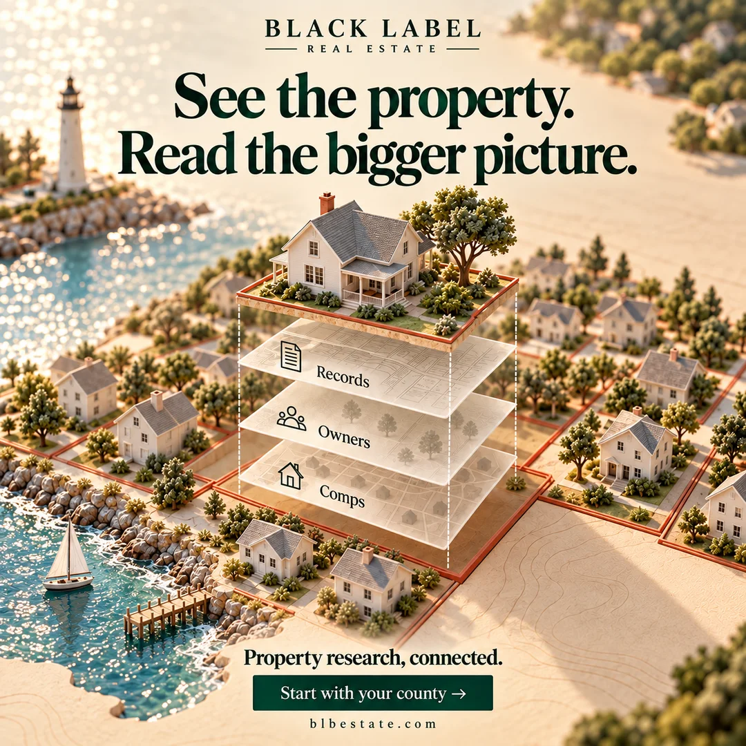 Conceptual paper neighborhood model with layered Records, Owners and Comps. Headline: See the property. Read the bigger picture.
