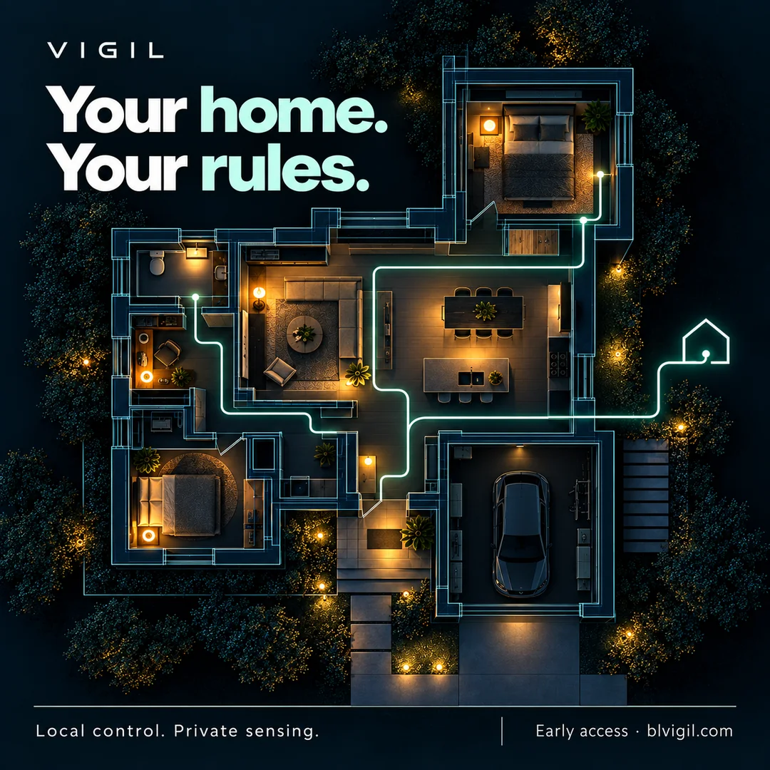 Top-down conceptual home at night, warm room lighting and precise cyan architectural outlines connected by a glowing path. Headline: Your home. Your rules.